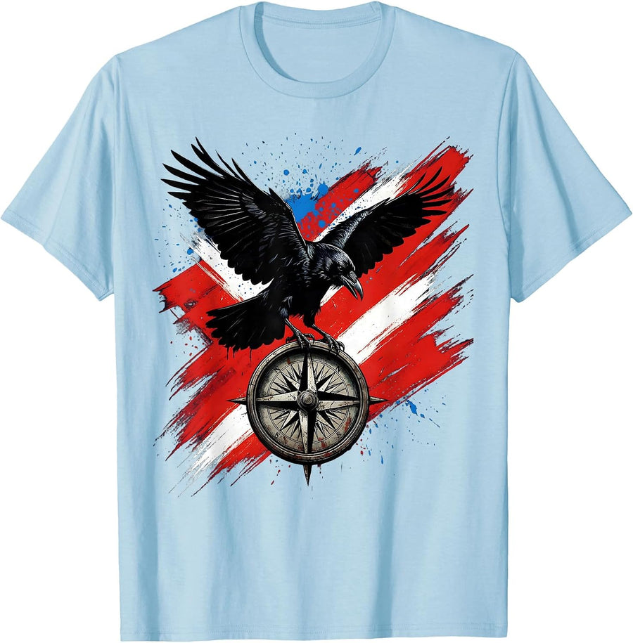 Men's Crow Landing on Old Compass Illustration T-Shirt - Baby Blue