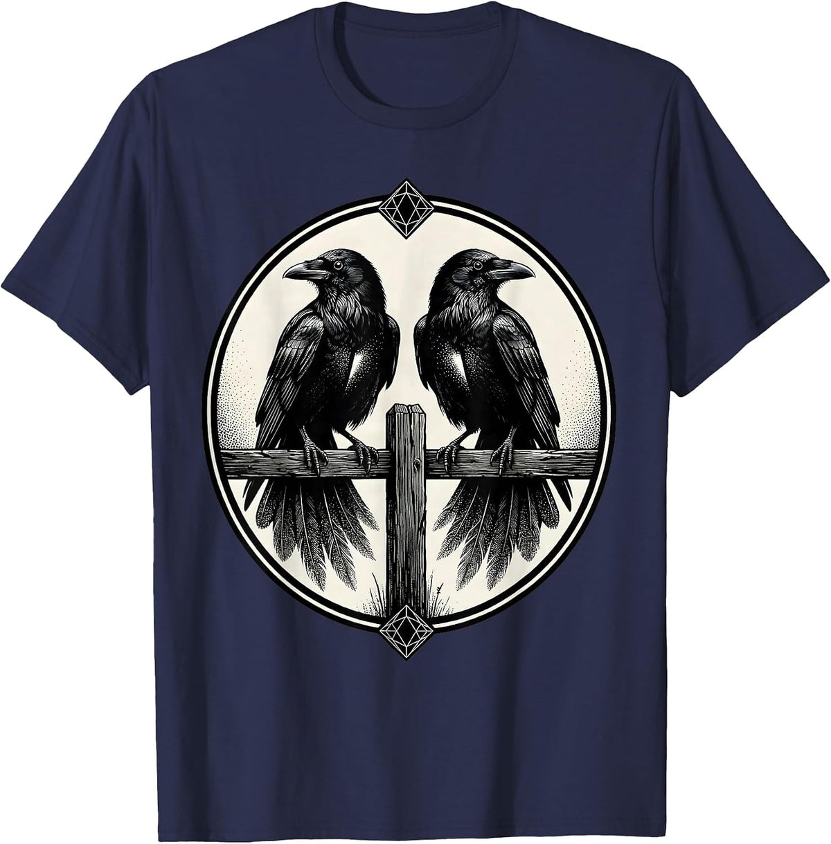 Two Crows on a Fence Post Illustration T-Shirt - Navy Blue
