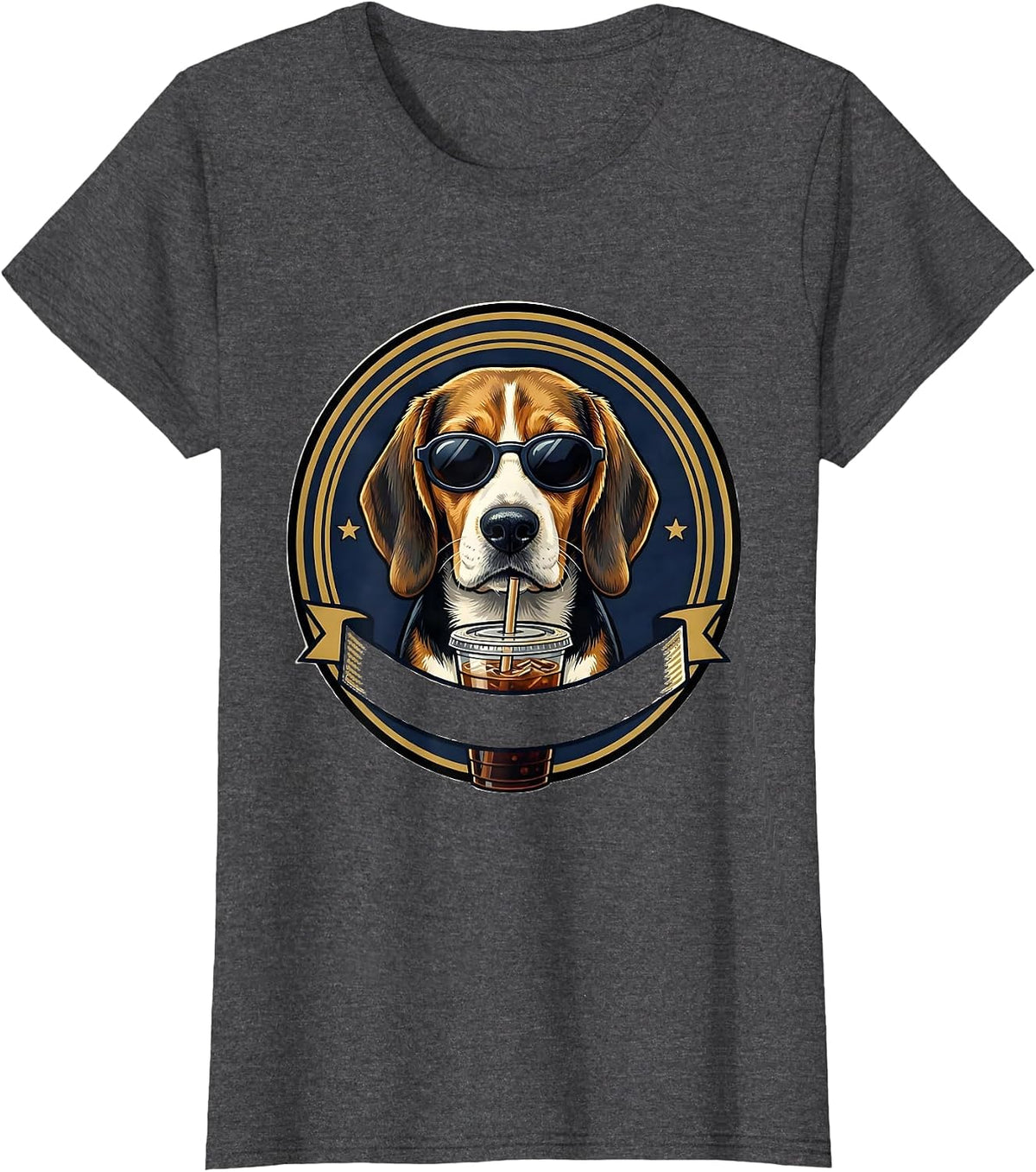 Women's Beagle Iced Coffee Emblem Funny Dog Lover Meme T-Shirt - Dark Heather Grey