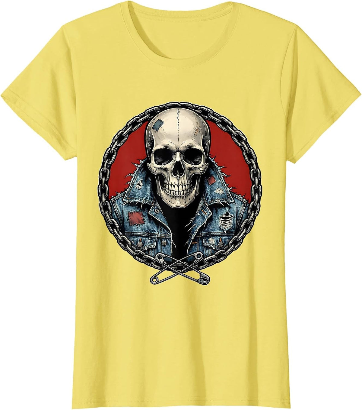 Grunge Skull in Torn Denim Jacket Illustration T-Shirt - Lemon Yellow