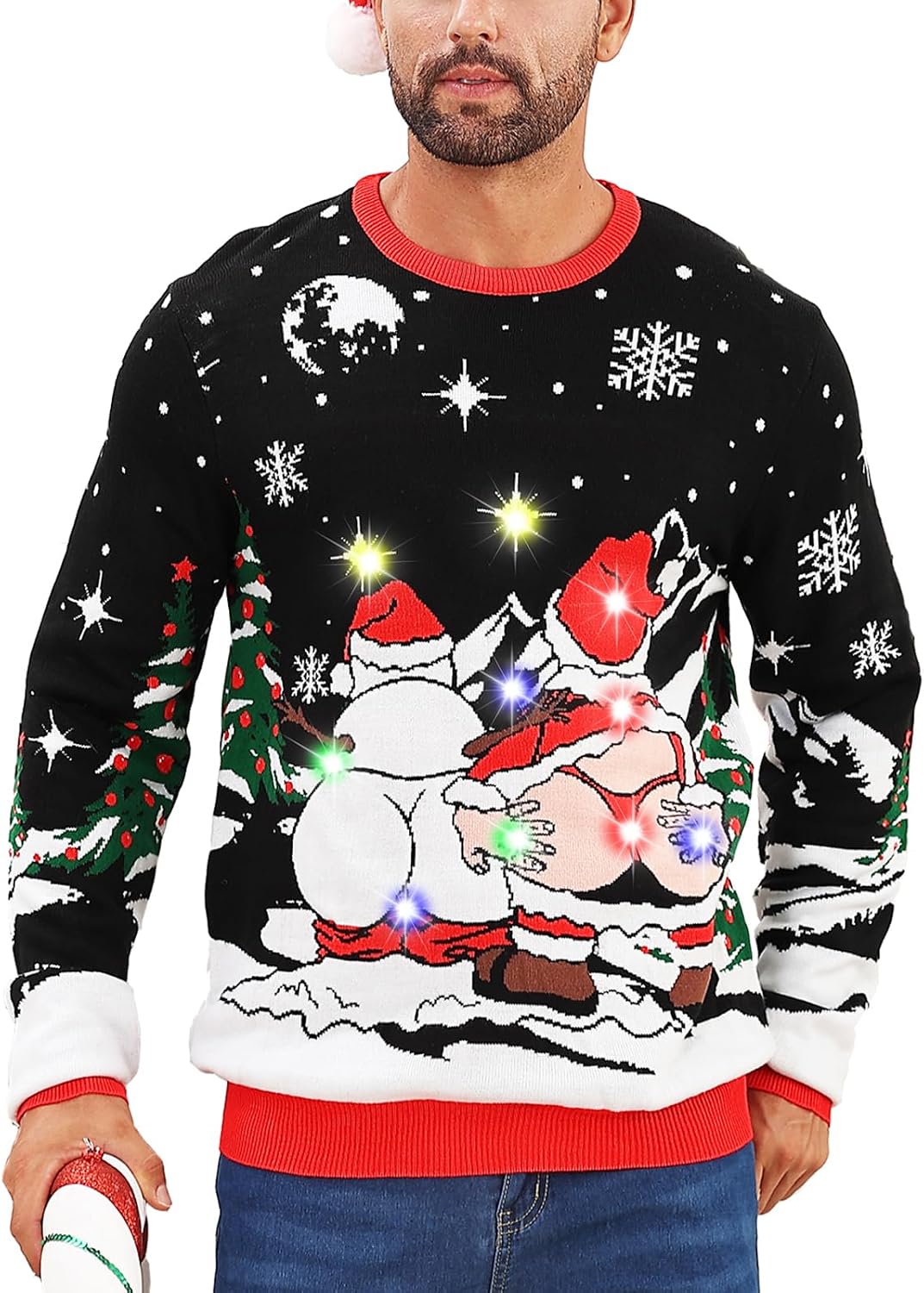 RAISEVERN Men Ugly Christmas Sweater Light Up Long Sleeve Knitted Pullover - Santa 01