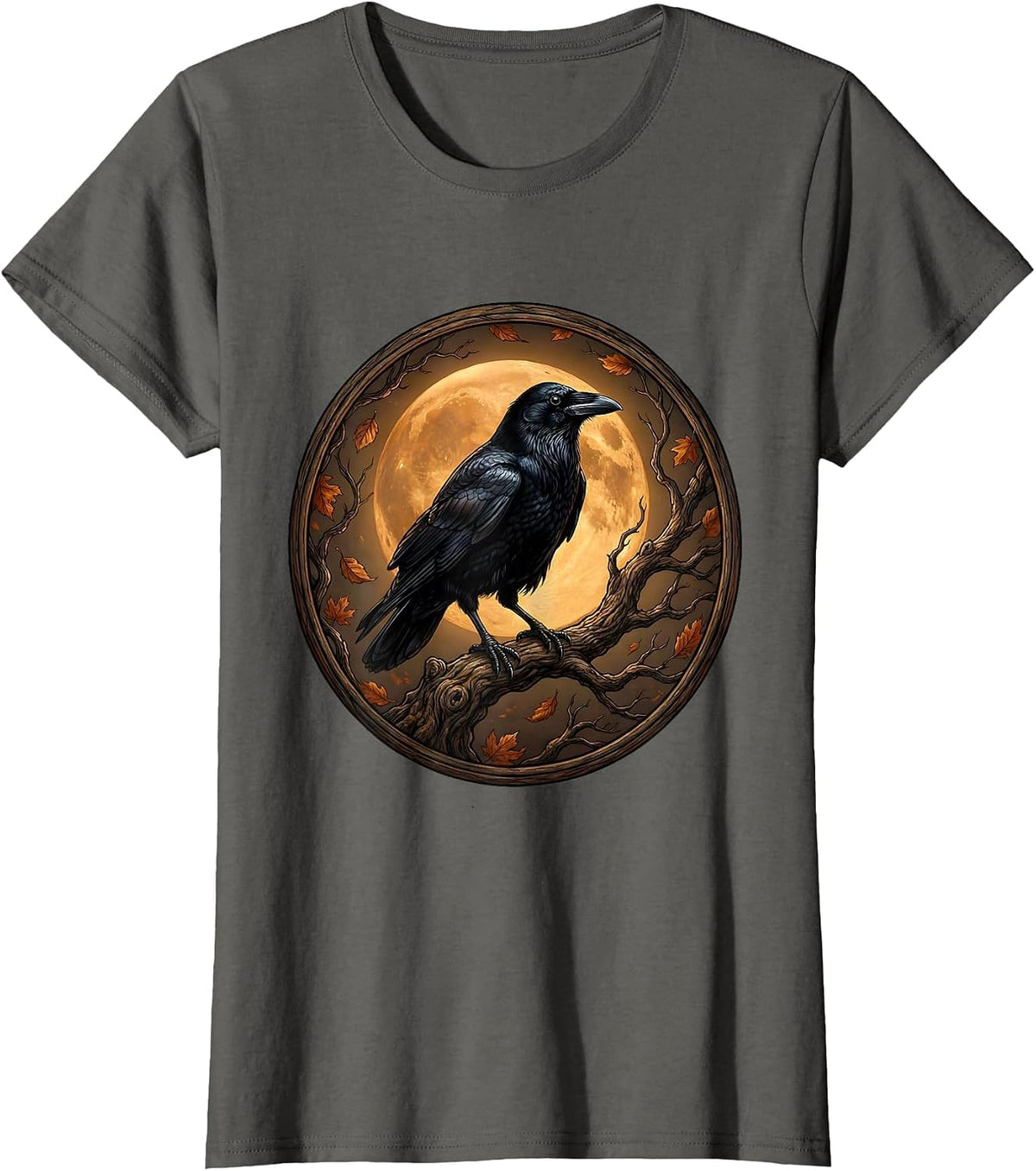 Women's Crow on Bare Branch Autumn Fall Illustration T-Shirt - Asphalt Grey