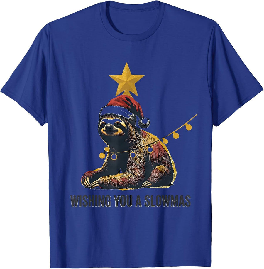 Wishing You a Slowmas Funny Sloth Christmas Lights Holiday T-Shirt - Royal Blue