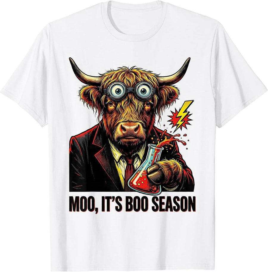 Men's Moo, It's Boo Season Pop Art Highland Cow Halloween Costume T-Shirt - White