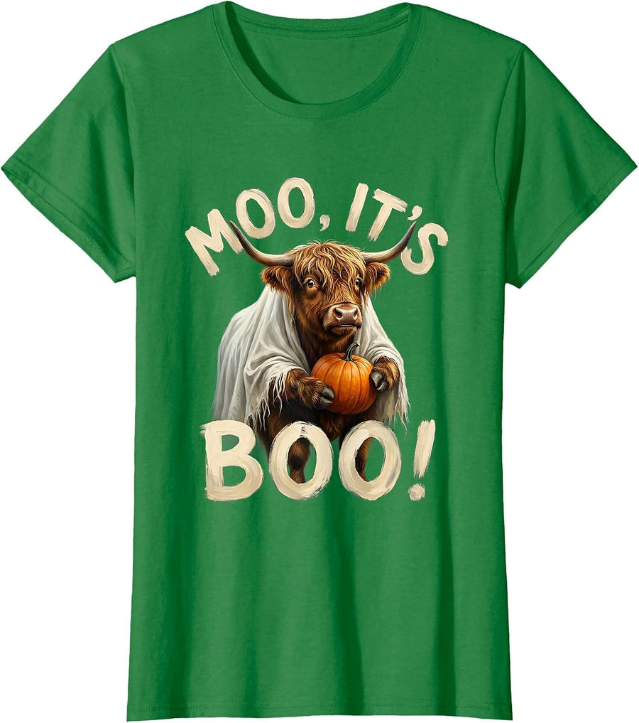 Women's Moo, It's Boo! Storybook Highland Cow Halloween Fall Humor T-Shirt - Kelly Green