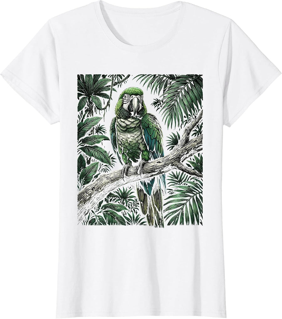 Women's Parakeet on Tropical Jungle Branch Illustration T-Shirt - White