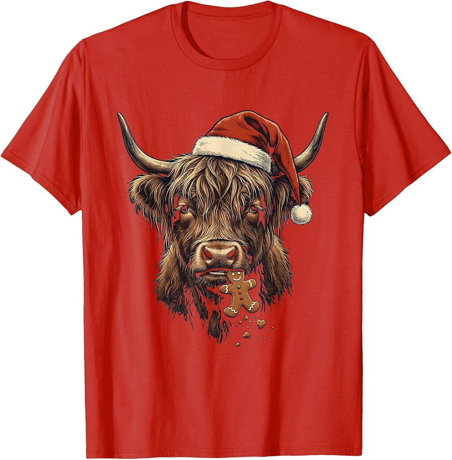 Men's Shaggy Highland Cow Vintage Christmas Farm Humor T-Shirt - Red