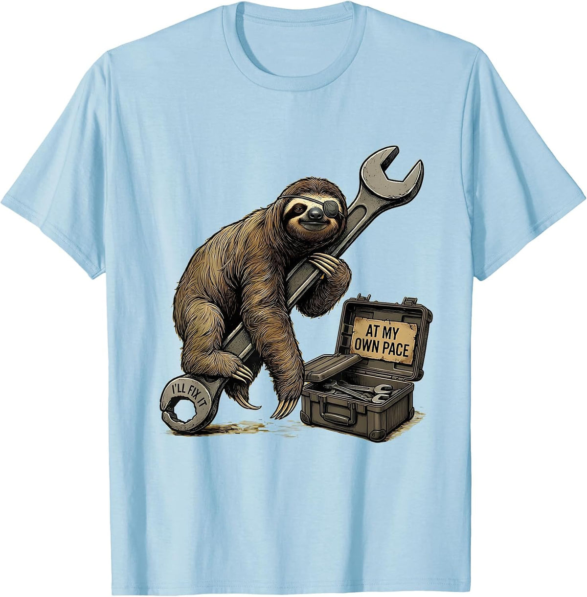 Men's I'll Fix It At My Own Pace Funny Sloth Lover Animal Humor T-Shirt - Baby Blue