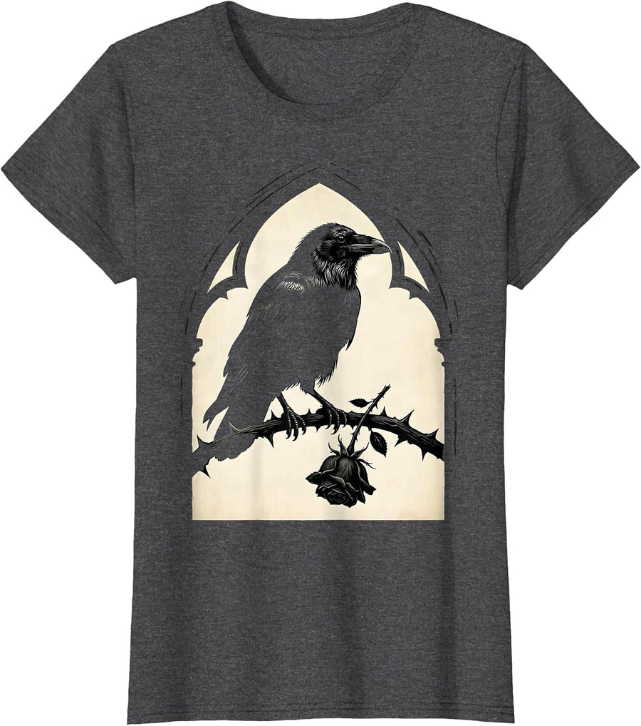 Women's Raven Silhouette Gothic Vintage Bird Lover T-Shirt - Dark Heather Grey