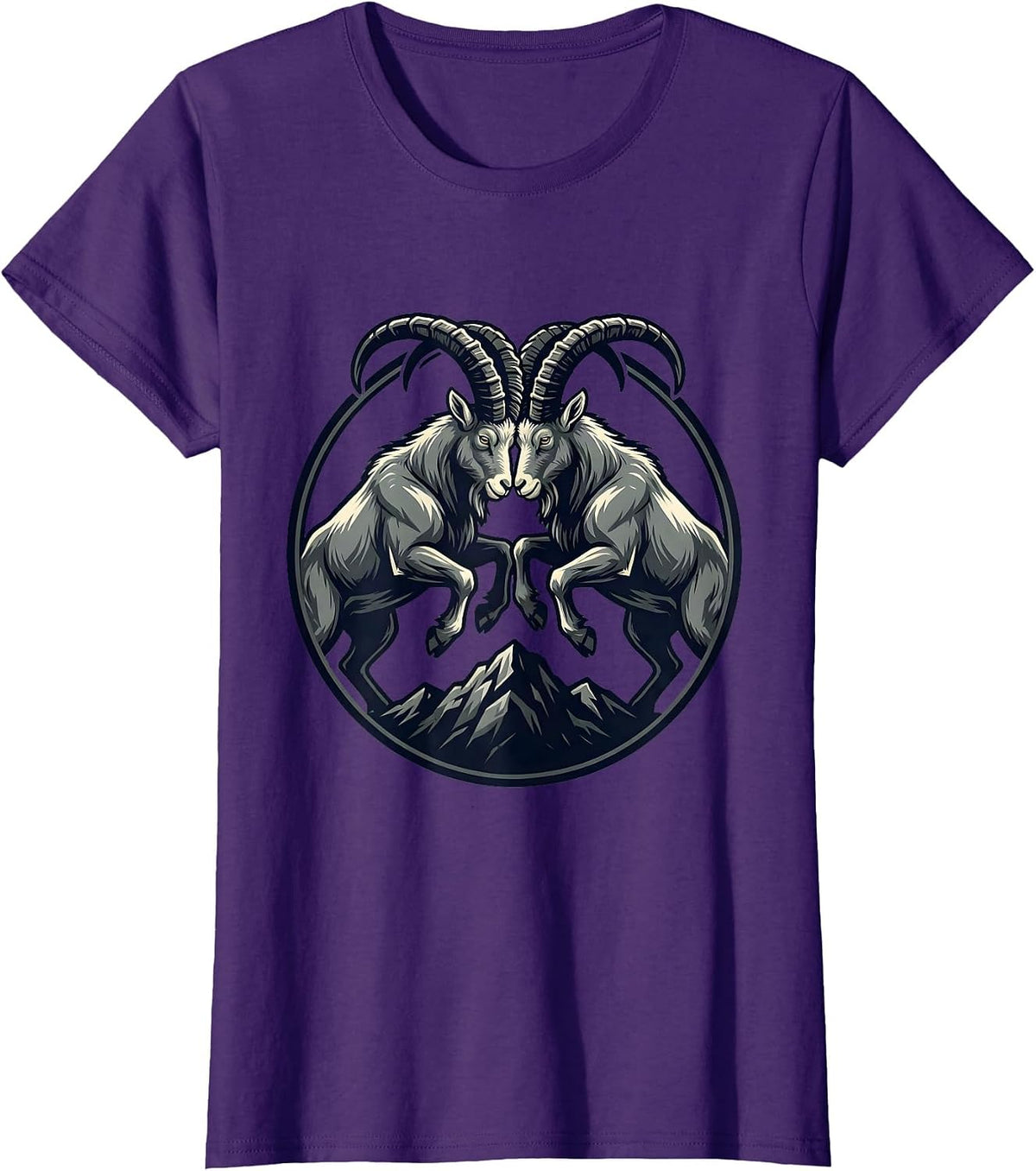 Women's Two Goats Clashing Horns on a Hilltop Graphic T-Shirt - Purple