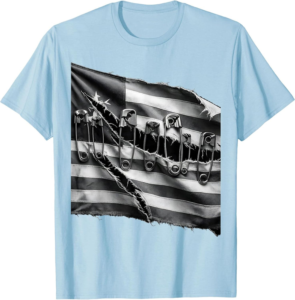 Men's Punk Torn Flag Safety Pin Repair Graphic T-Shirt - Baby Blue