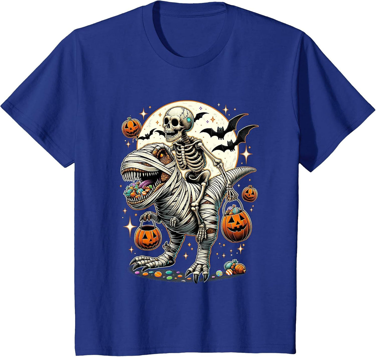 Skeleton Riding Mummy Dinosaur T Rex Kids Boys Men Halloween T-Shirt - Royal Blue