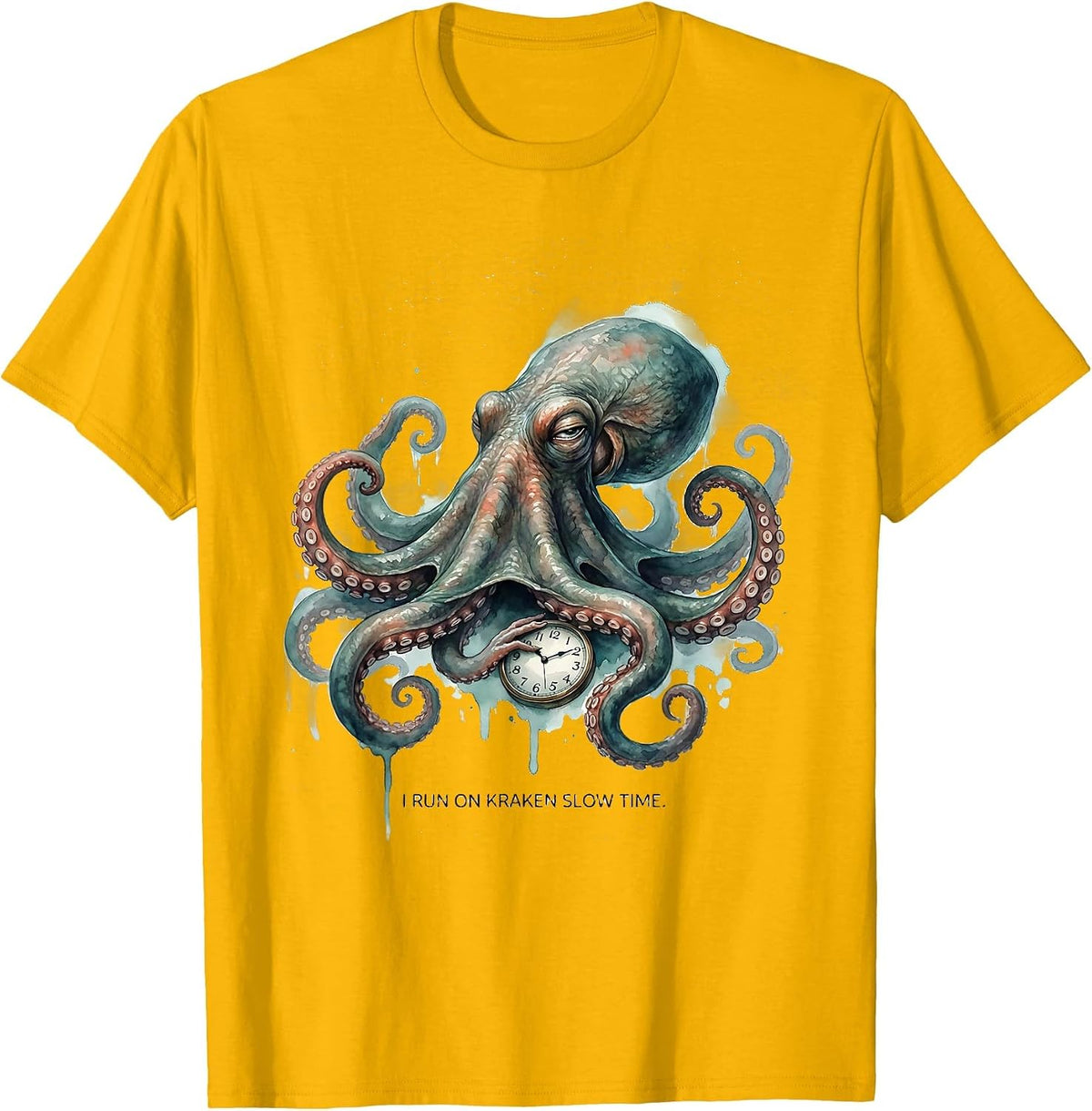 Men's I Run On Kraken Slow Time Watercolor Octopus Lover Gift T-Shirt - Golden Yellow