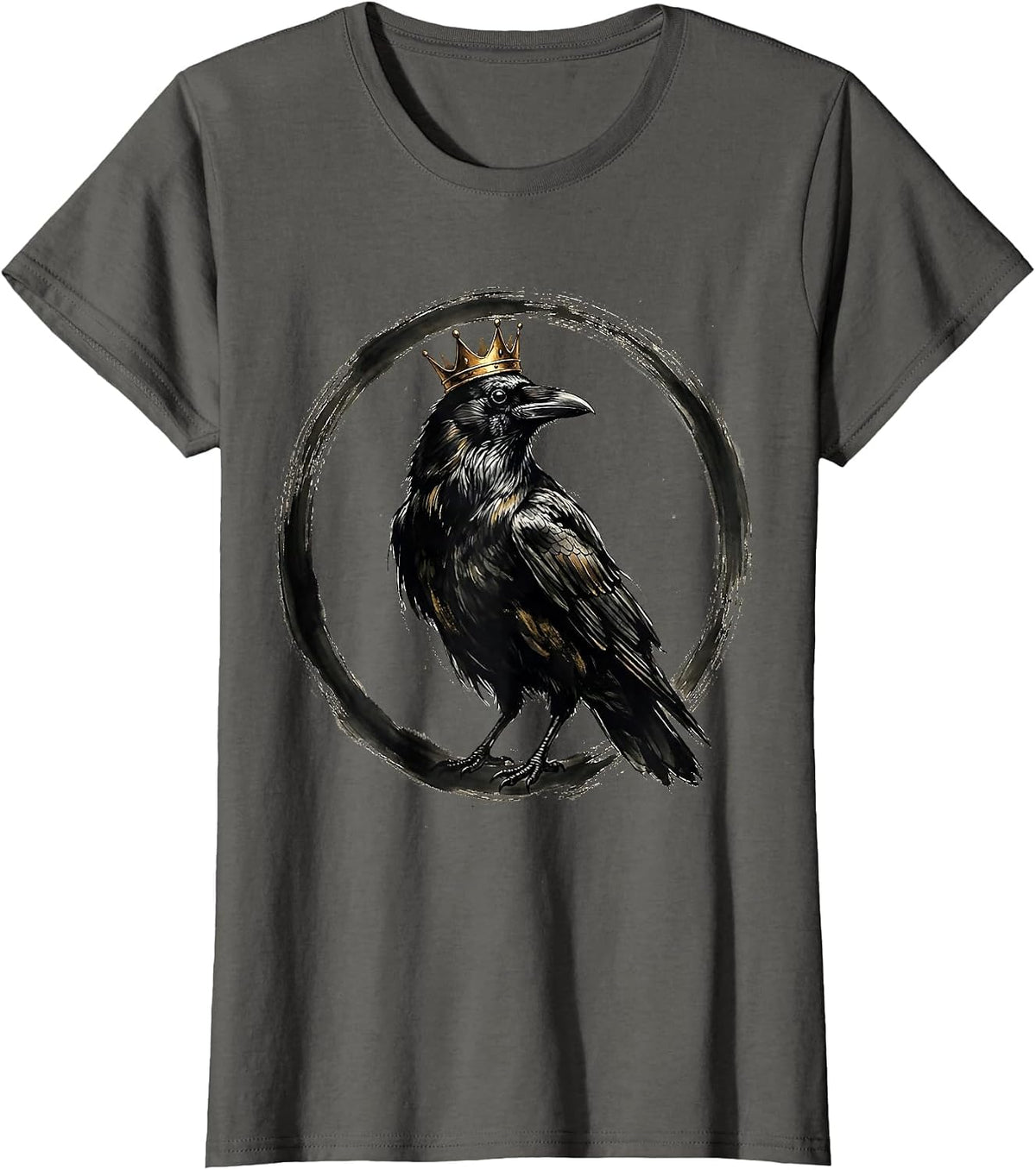 Women's Crow Wearing a Tiny Golden Crown Illustration T-Shirt - Asphalt Grey
