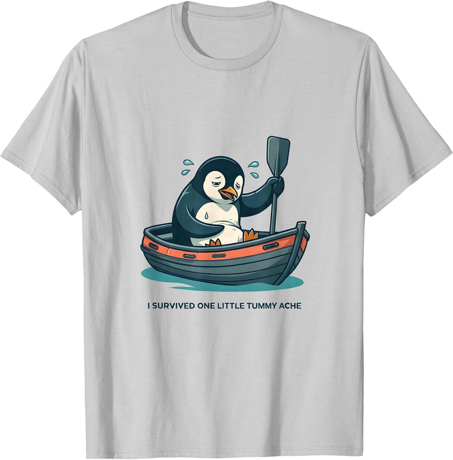 I Survived One Little Tummy Ache Funny Penguin Meme Humor T-Shirt, Men, Silver Grey, Medium - As Pictured