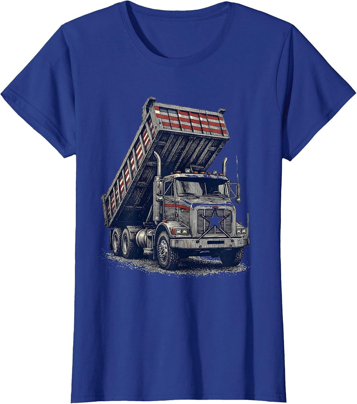 Women's Heavy Dump Truck Crosshatch Etching Patriotic Driver T-Shirt - Royal Blue