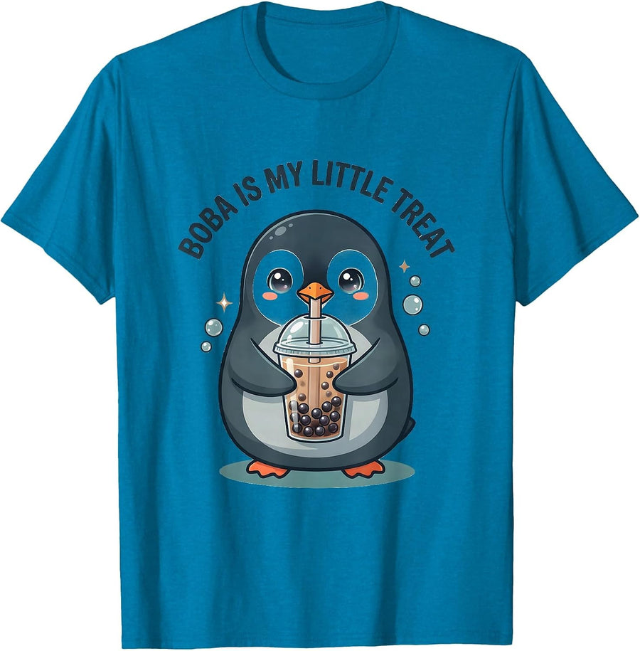 Boba Is My Little Treat Kawaii Penguin Anime Boba Tea Lover T-Shirt - Sapphire Blue