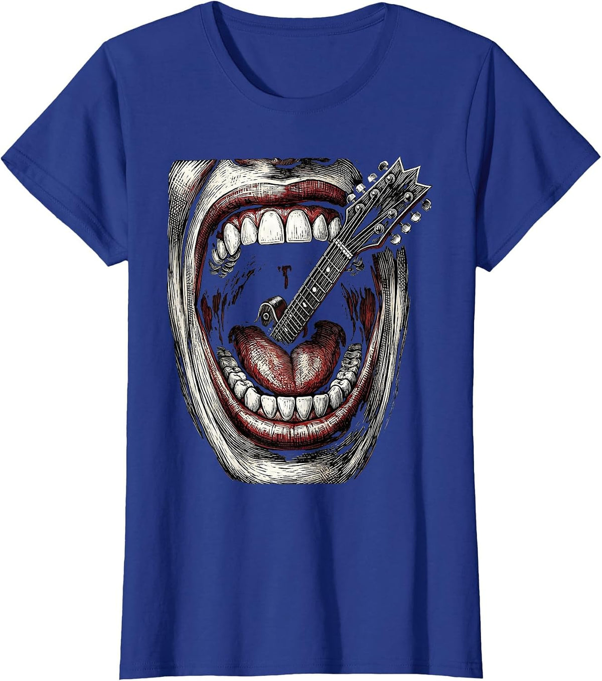 Women's Rock and Roll Screaming Mouth Electric Guitar Art T-Shirt - Royal Blue