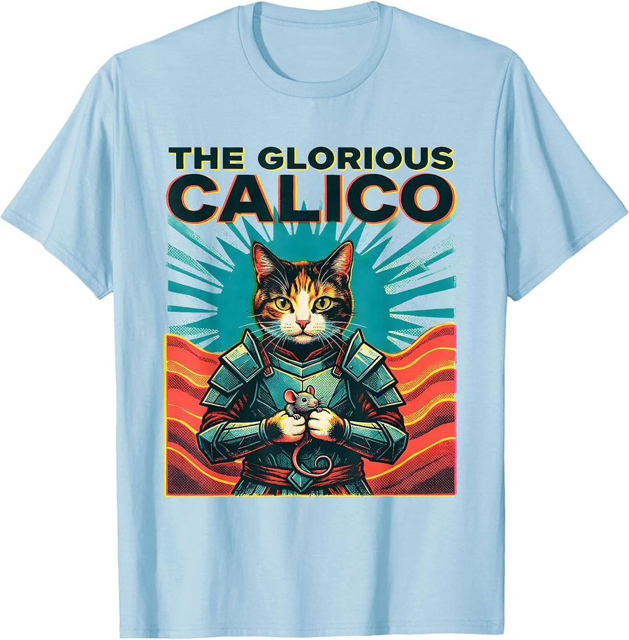 Men's The Glorious Calico Risograph Anime Cat Warrior Art Funny T-Shirt - Baby Blue