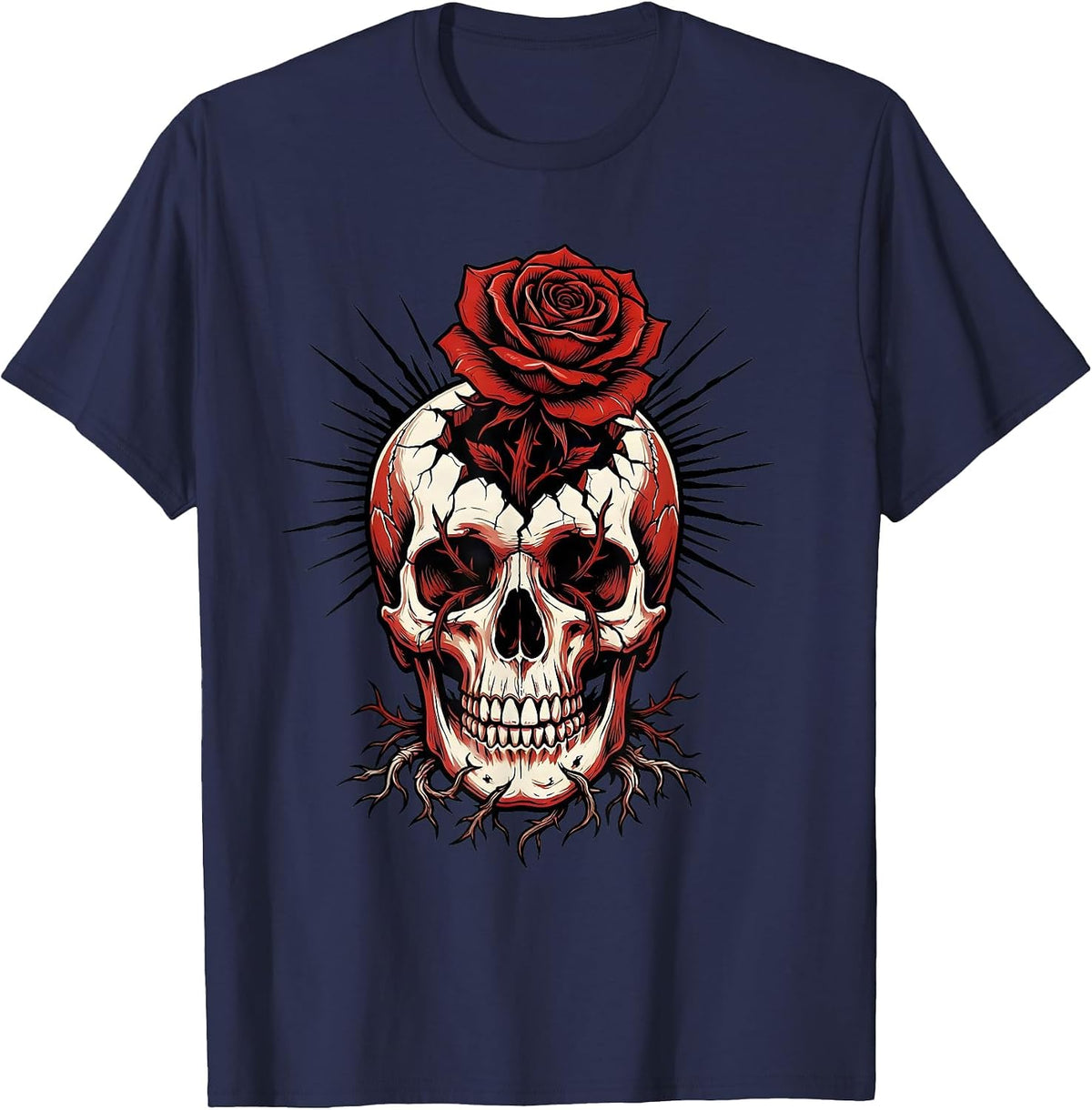 Emo Flower Cracked Skull Graphic Tee T-Shirt - Navy Blue
