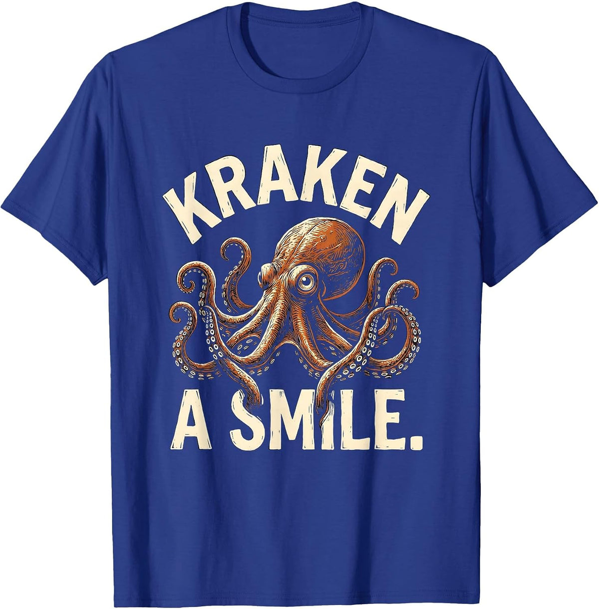 Men's Kraken A Smile Linocut Octopus Lover Marine Biology Humor T-Shirt - Royal Blue