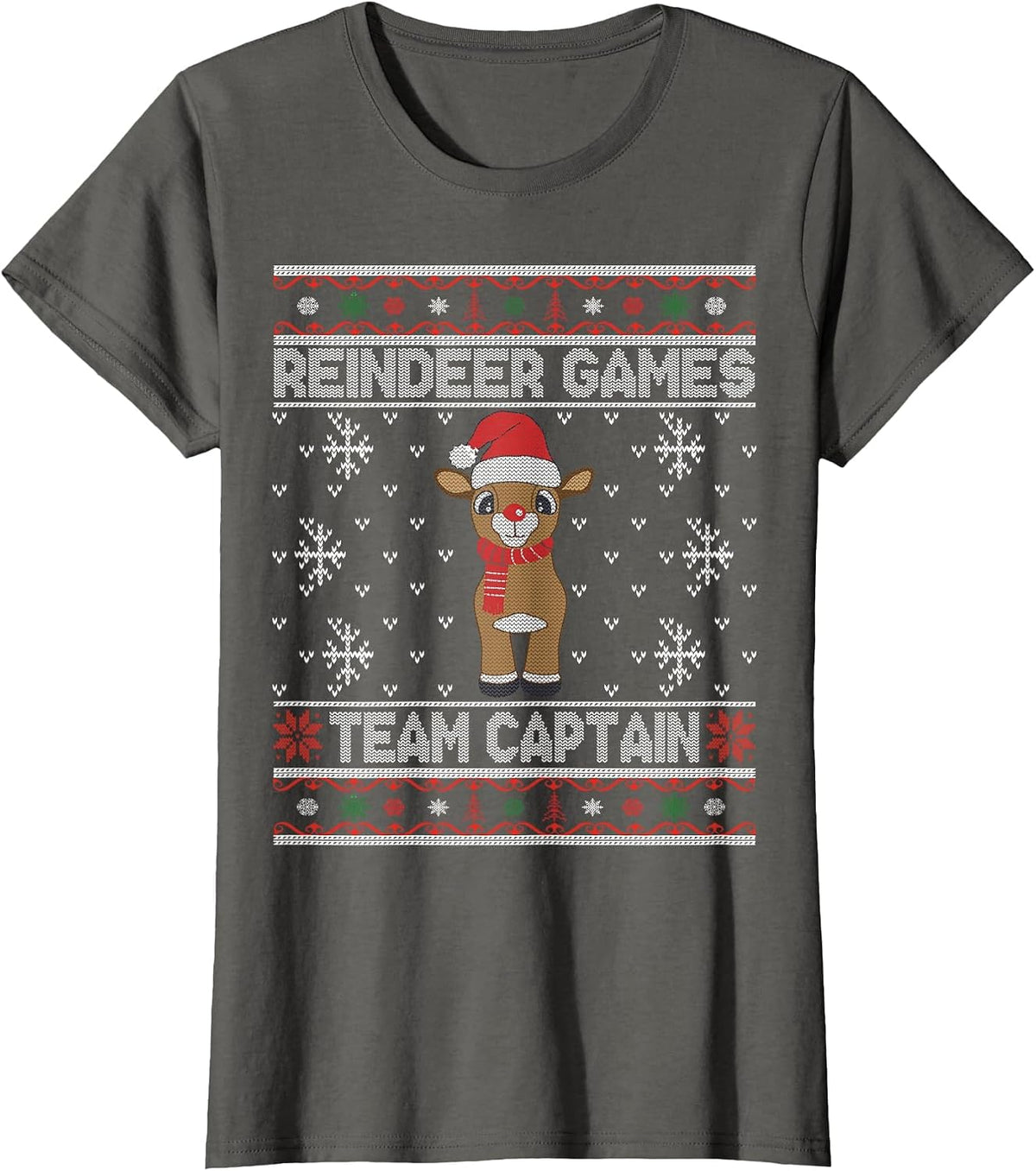 Reindeer Game Team Captain Ugly Xmas Party Sweater T-Shirt - Asphalt Grey