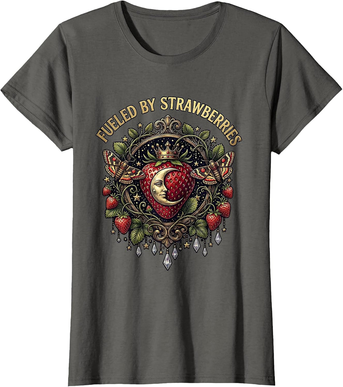Women's Fueled By Strawberries Fruit Lover Design T-Shirt - Asphalt Grey
