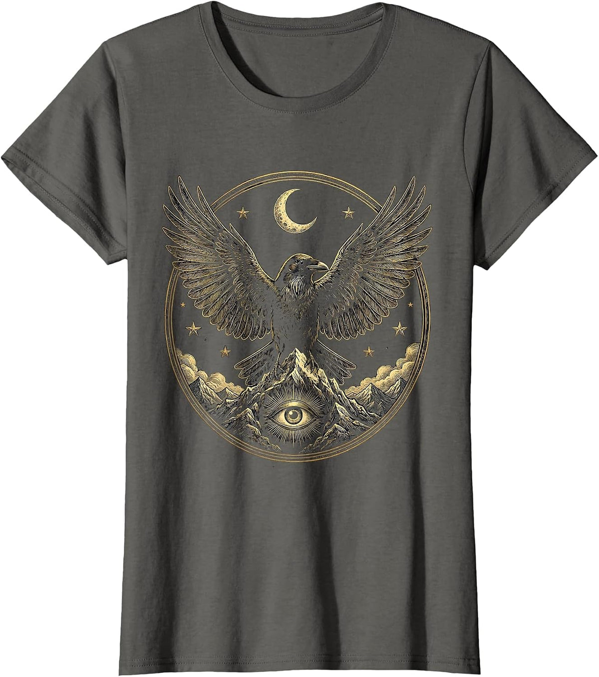 Women's Crow Wings Wide Over Mountain Peak Illustration T-Shirt - Asphalt Grey
