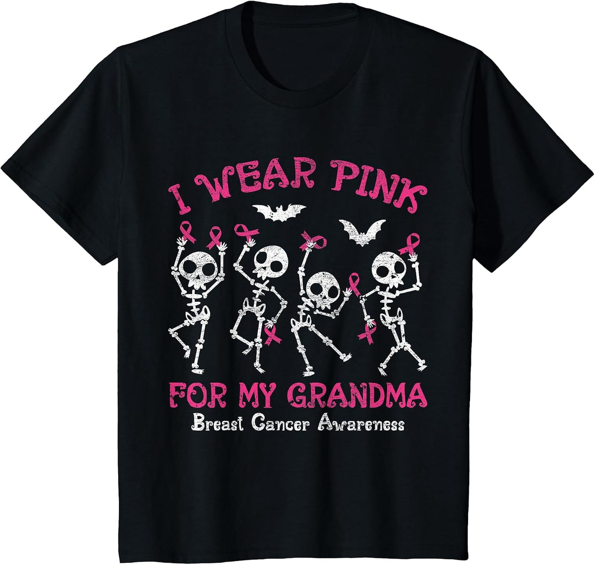 I Wear Pink for My Grandma Breast Cancer Awareness Skeletons T-Shirt - Black