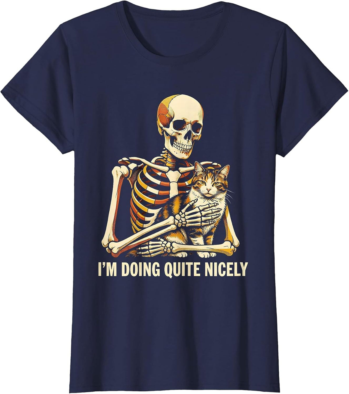 Women's I'm Doing Quite Nicely Risograph Skeleton Hugging Cat T-Shirt - Navy Blue