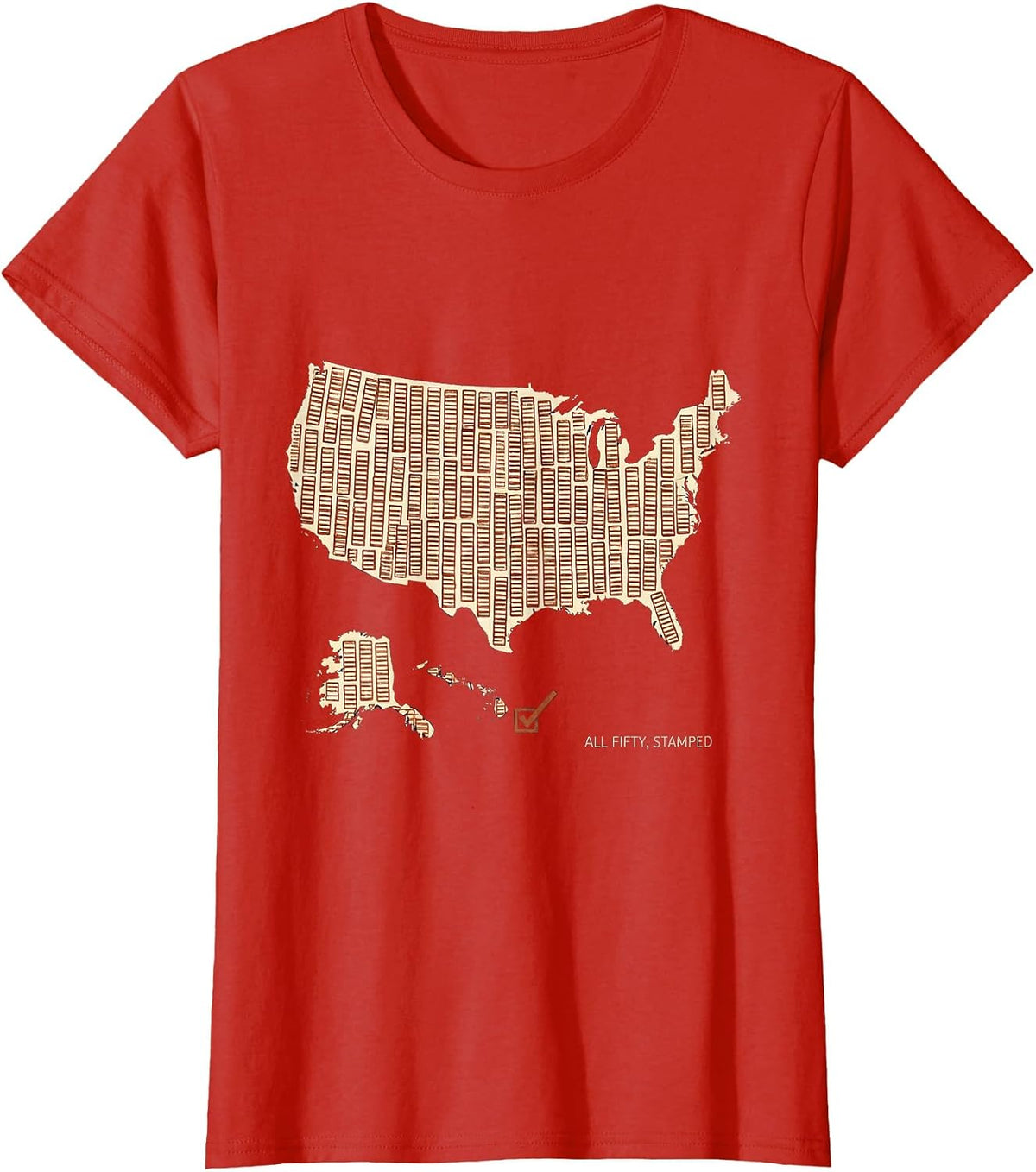 Women's All Fifty, Stamped Rubber Stamp Travel Achievement Map T-Shirt - Red