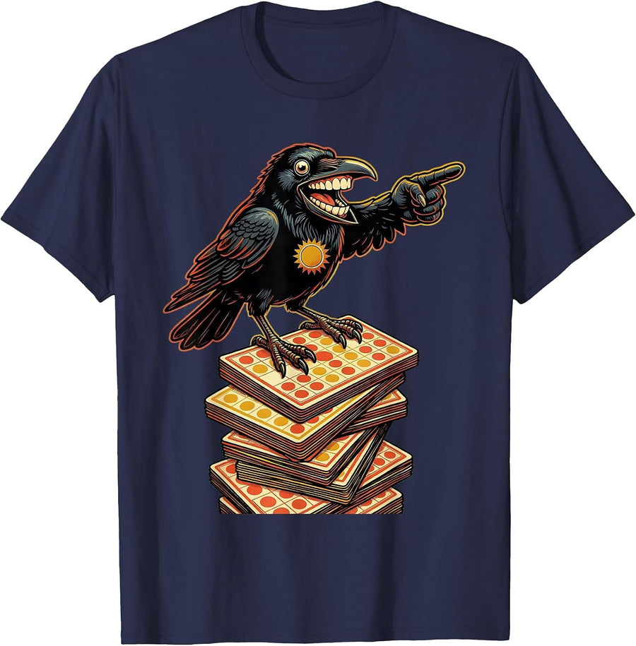 Crow Perched on Bingo Cards Illustration T-Shirt - Navy Blue