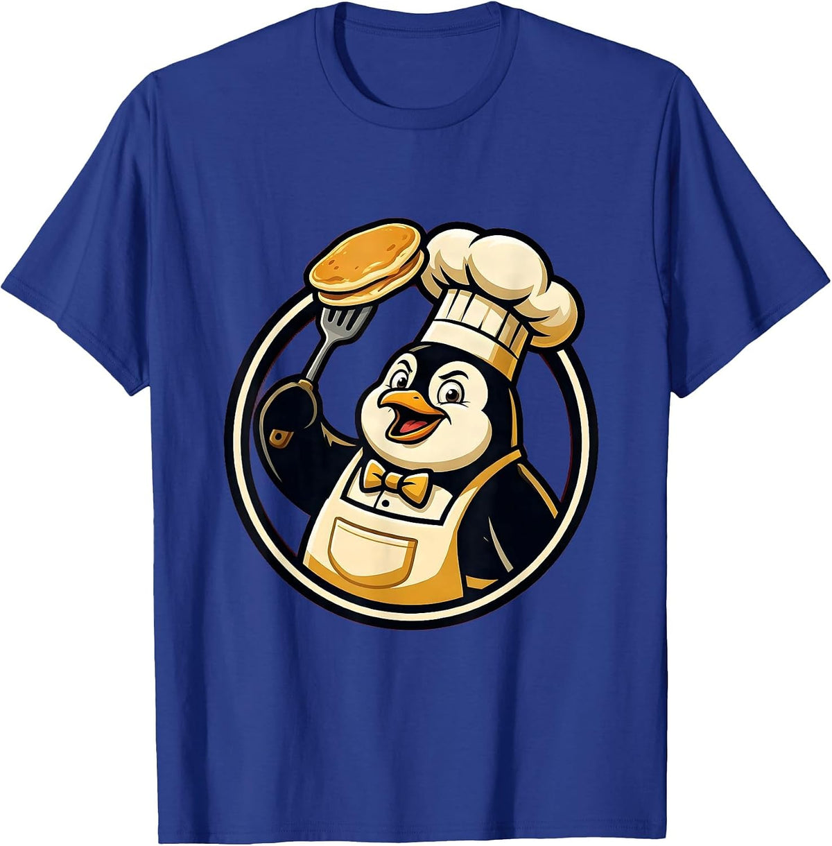 Penguin Chef Flipping Pancake Funny Cooking Art T-Shirt - Royal Blue