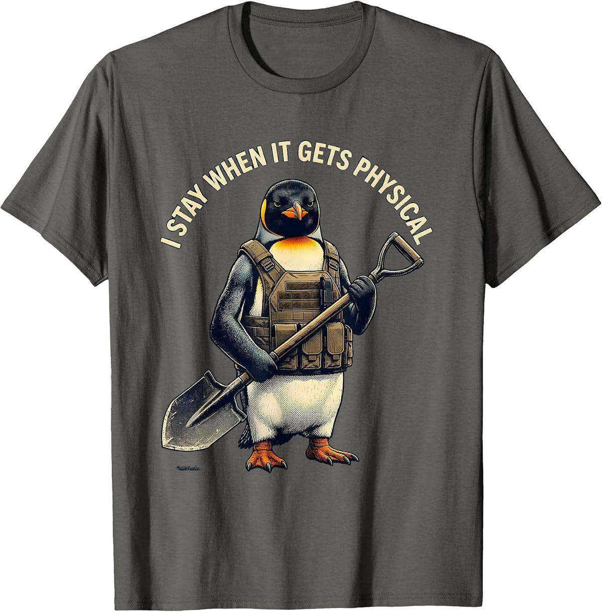 Men's I Stay When It Gets Physical Funny Penguin Tactical Bird T-Shirt - Asphalt Grey