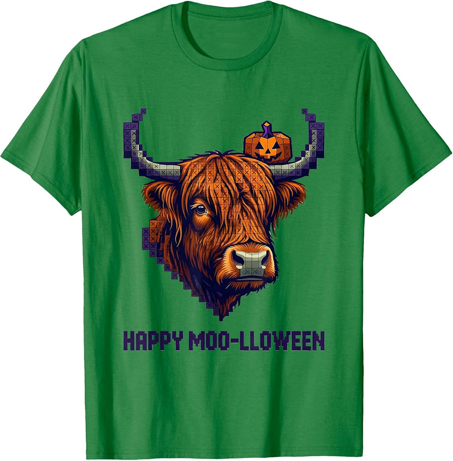 Men's Happy Moo-lloween Cross Stitch Sampler Highland Cow Holiday T-Shirt - Kelly Green