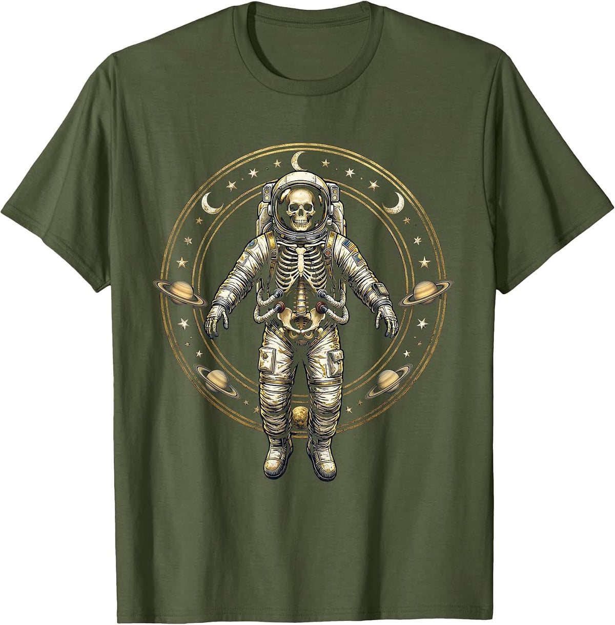 Men's Skeleton Astronaut Floating in Deep Space T-Shirt - Olive Green