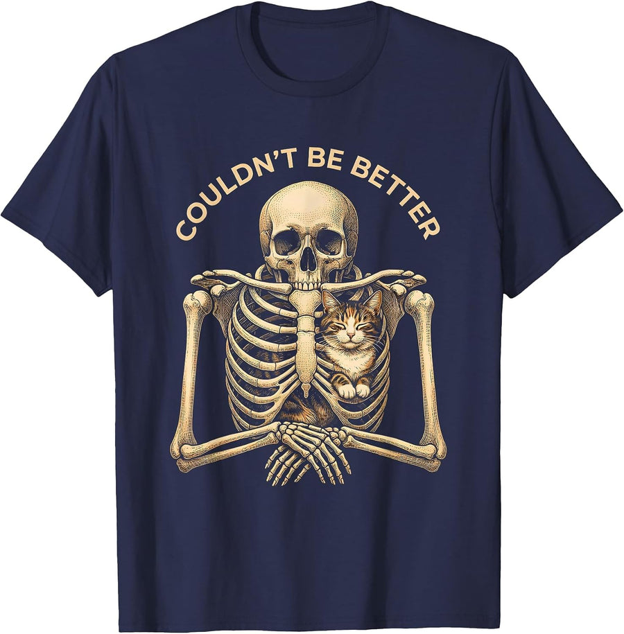Couldn't Be Better Skeleton Hugging Cat Halloween Cat Lover T-Shirt - Navy Blue