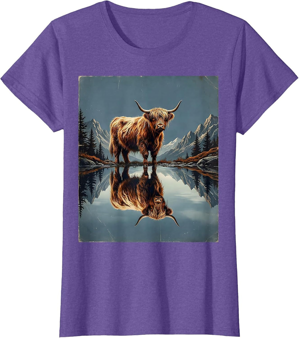 Highland Cow Reflection Mountain Lake Illustration T-Shirt - Purple Heather