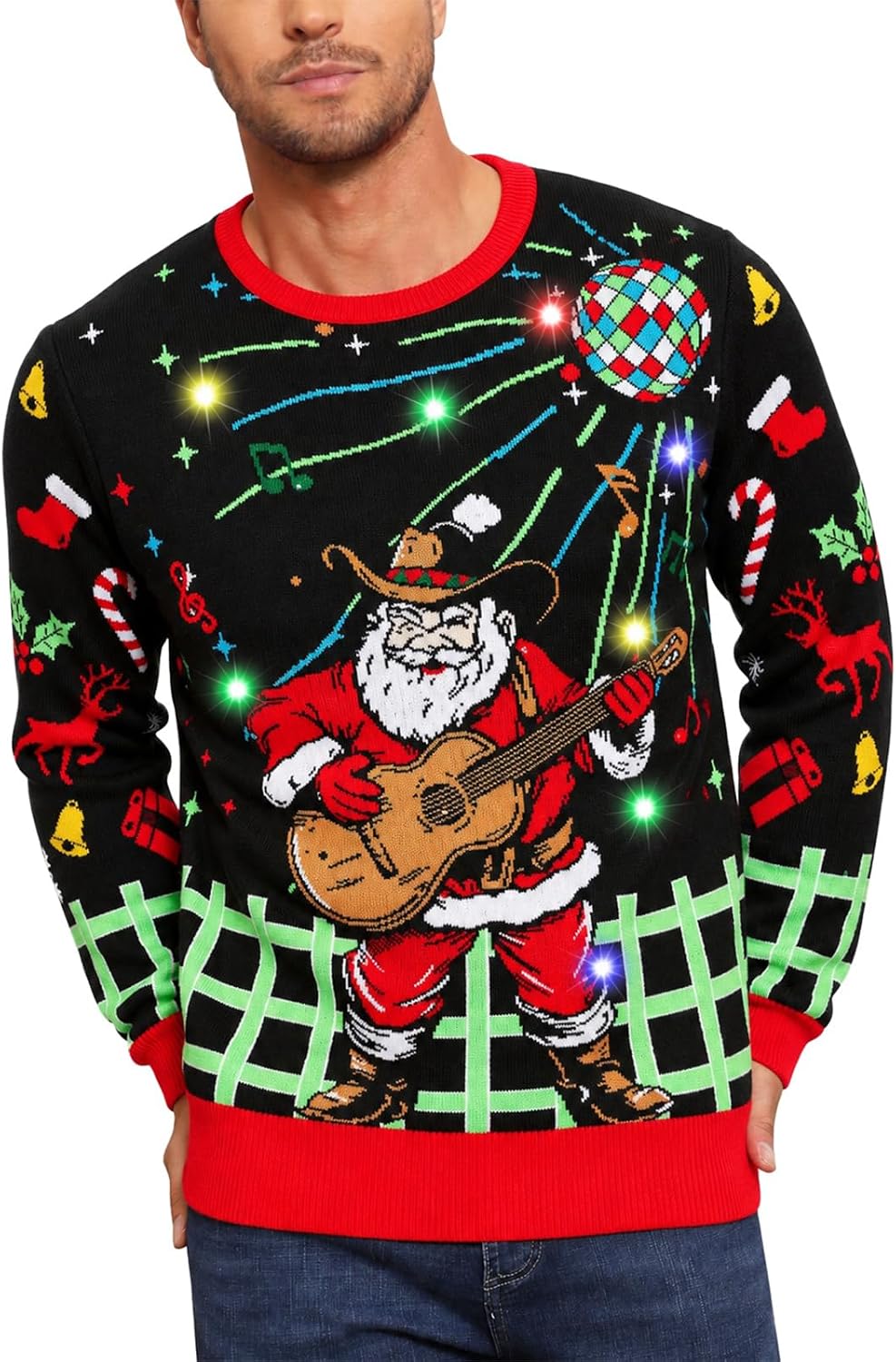 RAISEVERN Men Ugly Christmas Sweater Light Up Long Sleeve Knitted Pullover - Santa 04