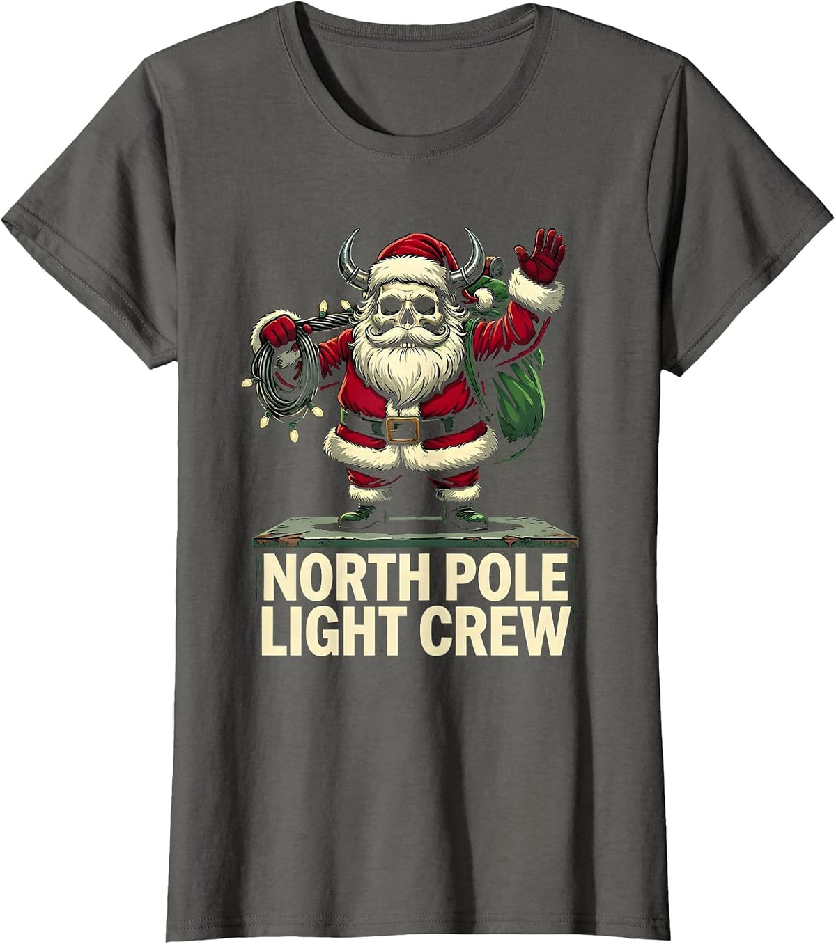 Women's North Pole Light Crew Cartoon Heavy Metal Santa Claus T-Shirt - Asphalt Grey