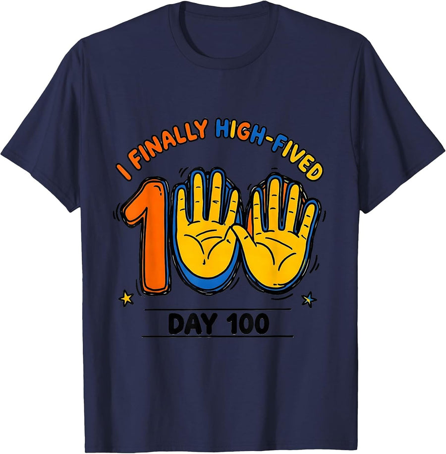I Finally High-Fived Day 100 Funny 100th Day of School Kids T-Shirt - Navy Blue