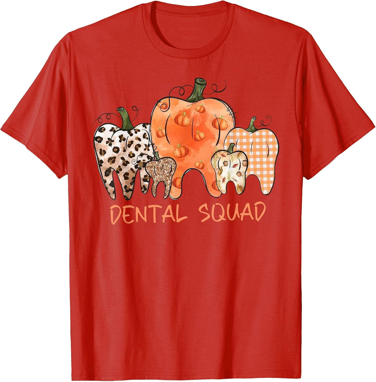 Dental Squad Happy Fall Leopard Pumpkin Teeth Dental Life T-Shirt - Red