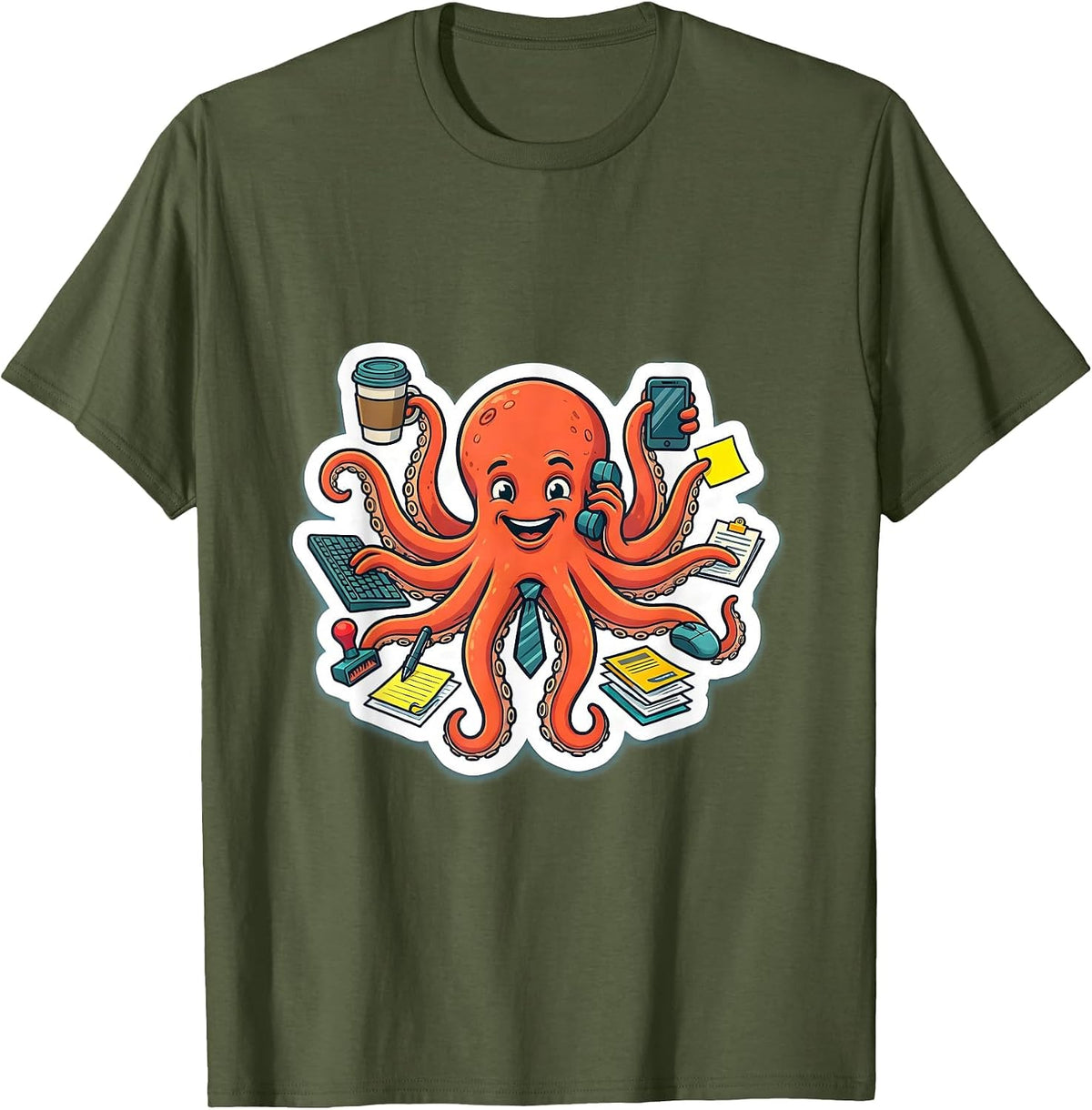 Funny Octopus Multitasking Office Jobs Illustration T-Shirt - Olive Green
