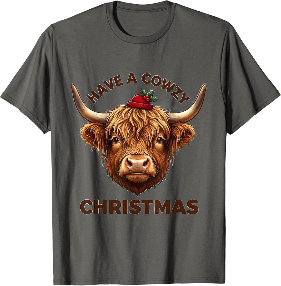 Have a Cowzy Christmas Cute Kawaii Highland Cow Lover Pajama T-Shirt - Asphalt Grey