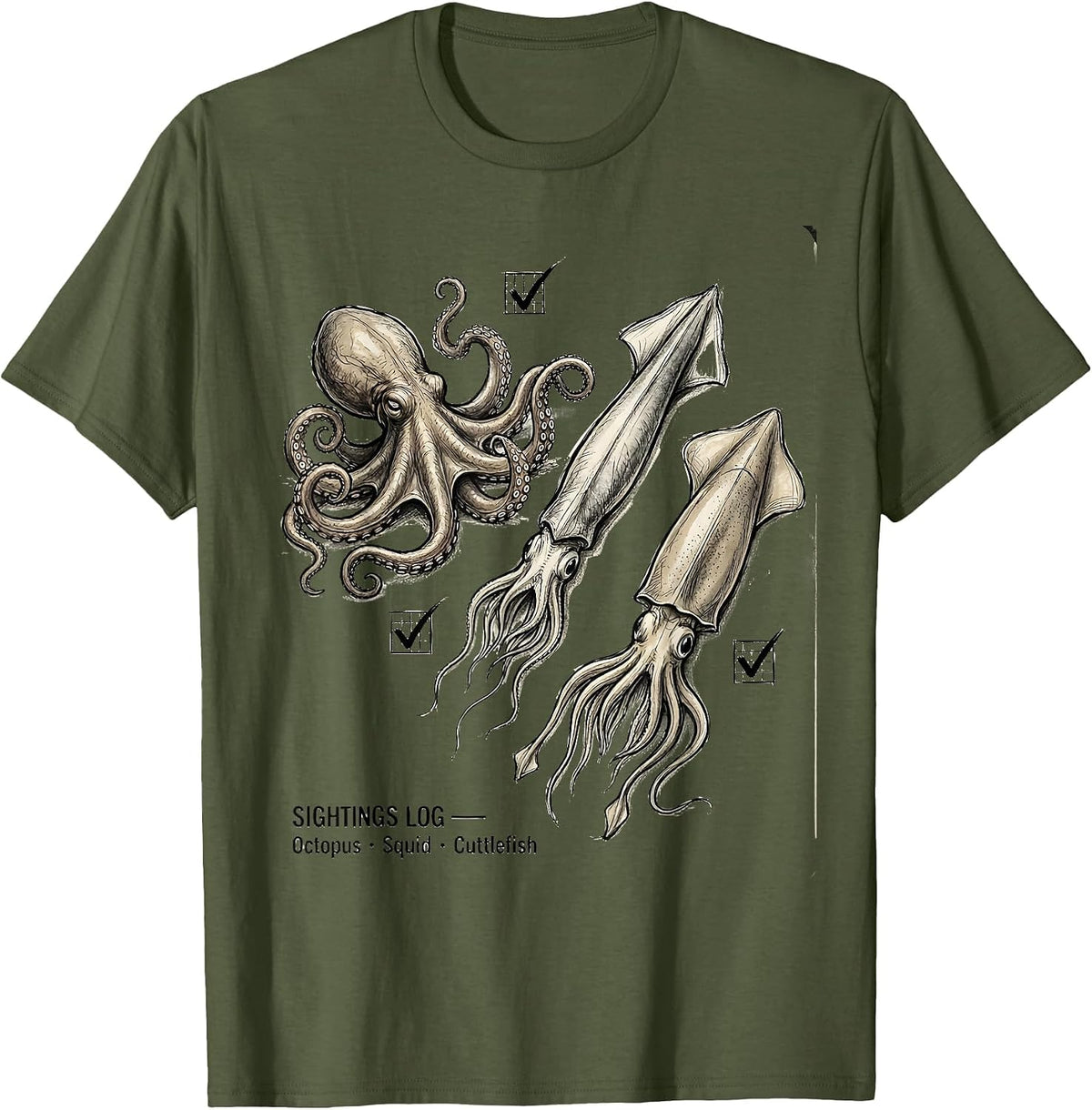 SIGHTINGS LOG — Octopus · Squid · Cuttlefish Marine Biology T-Shirt - Olive Green