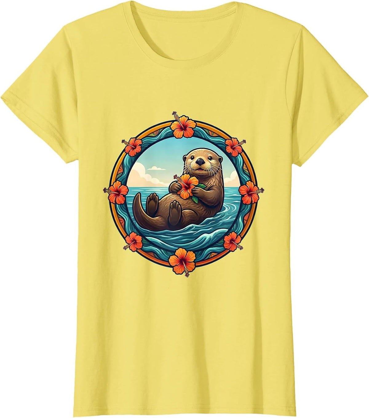 Women's Kids Hawaiian Sea Otter Hibiscus Flower Design T-Shirt - Lemon Yellow