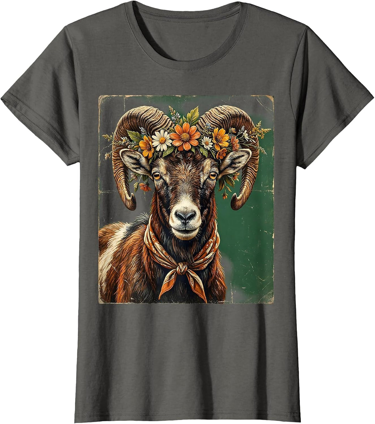 Women's Boho Flower Wreath Goat Graphic T-Shirt - Asphalt Grey