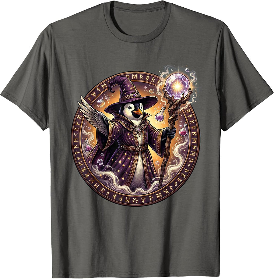 Penguin Wizard Casting a Glowing Spell T-Shirt - Asphalt Grey