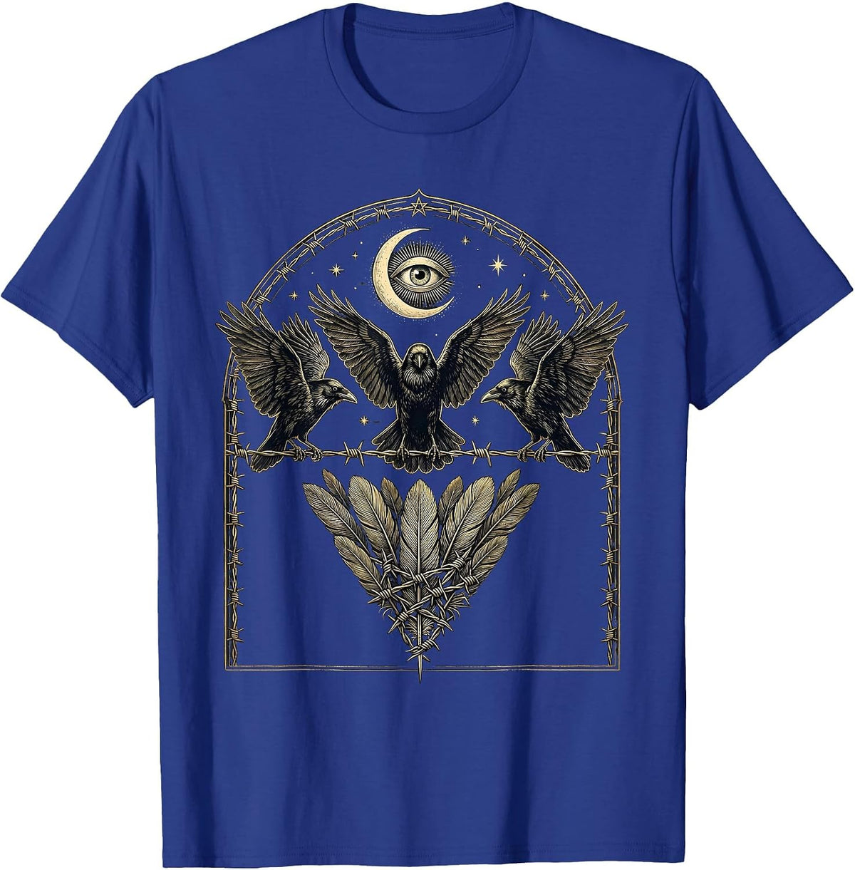 Crows on Barbed Wire Dark Horror Illustration T-Shirt - Royal Blue