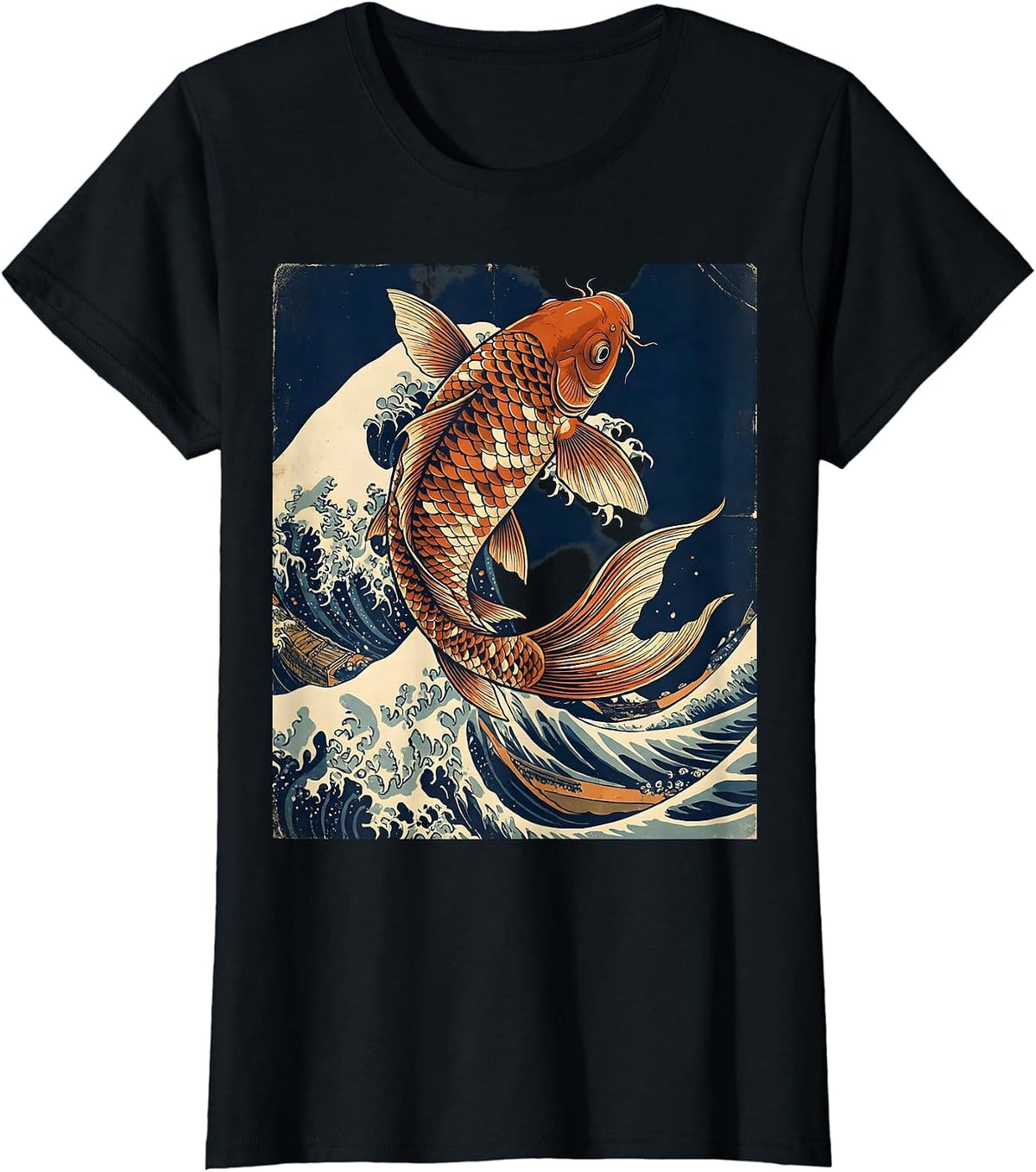 Koi Fish Leaping Through Crashing Wave T-Shirt - Black